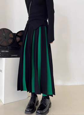秋冬毛线拼色中长款a字裙子半裙女白色伞裙冬高腰百褶针织半身裙