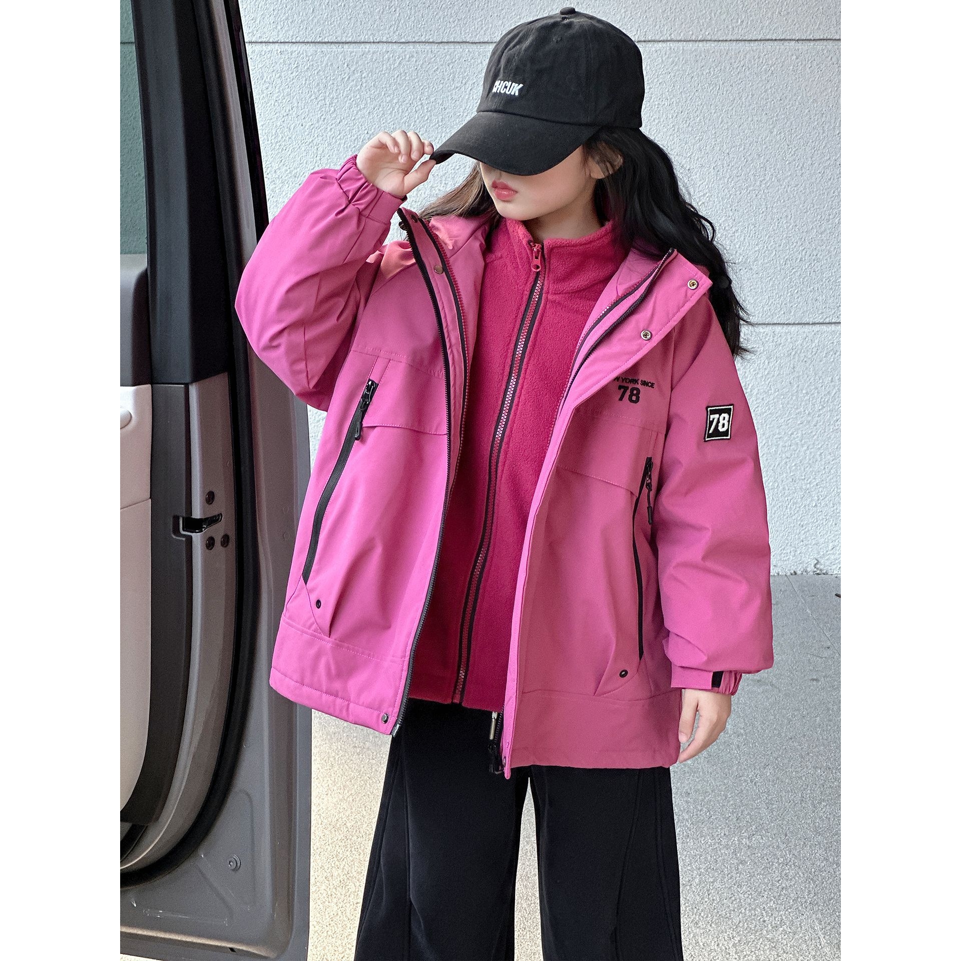 女童加绒冲锋衣三合一可拆卸2025秋冬新款女大童户外加厚工装外套