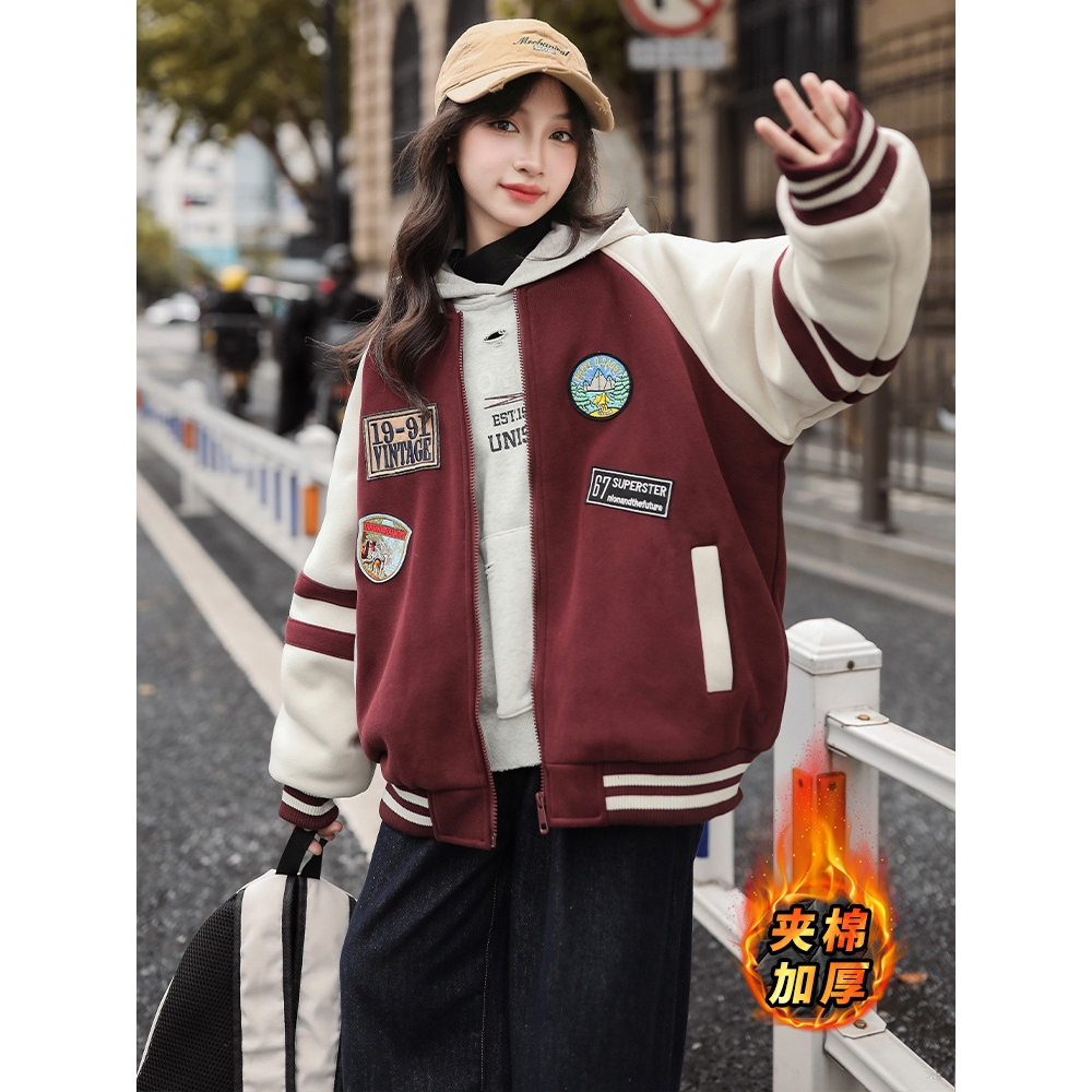 女大童夹棉加厚外套春秋冬款开衫卫衣2025新款洋气女孩学生棒球服