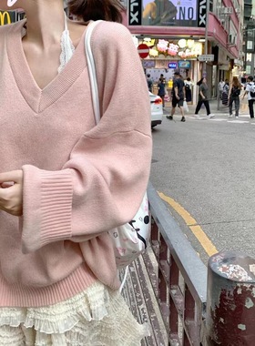 秋冬新款韩系宽松显瘦高级感长袖上衣红色慵懒风V领针织衫毛衣女