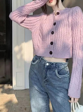 复古紫色小香风麻花毛衣女秋冬外穿开衫小个子短款软糯针织上衣