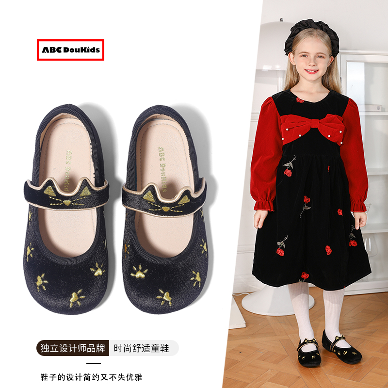 百搭公主猫咪鞋儿童复古丝绒单鞋