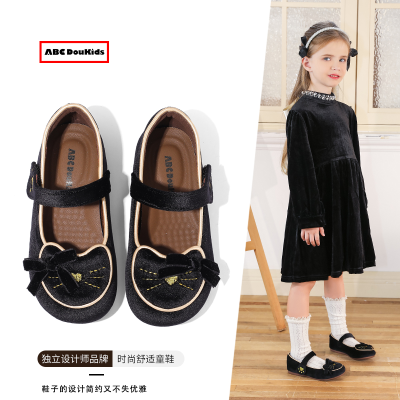儿童甜美丝绒皮鞋卡通平底单鞋