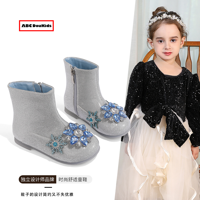 儿童时尚水钻公主靴加绒皮单靴子