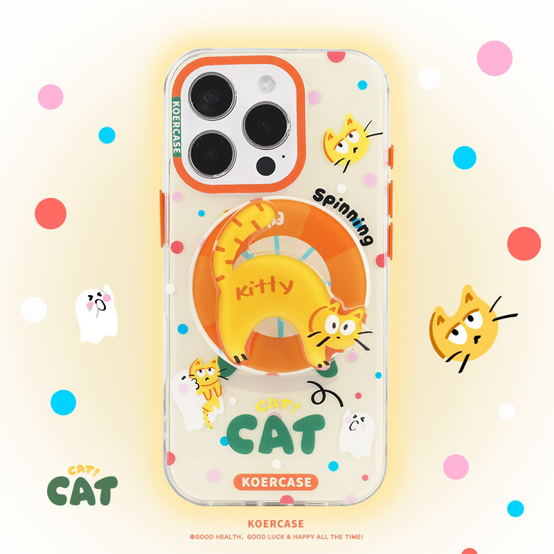 KOERCASE 小幽灵宠爱转转猫手机壳磁吸支架可爱涂鸦甜美 卡通插画原创小众适用苹果16iPhone15ProMax18Pro17
