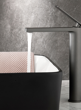 枪灰色全铜水龙头卫生间面盆单孔洗手脸盆浴室台上盆高款加长冷热