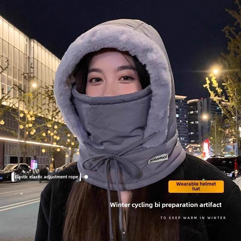 羽绒雷锋帽女冬围脖一体百搭加厚保暖套头全脸防风骑车头盔帽子男