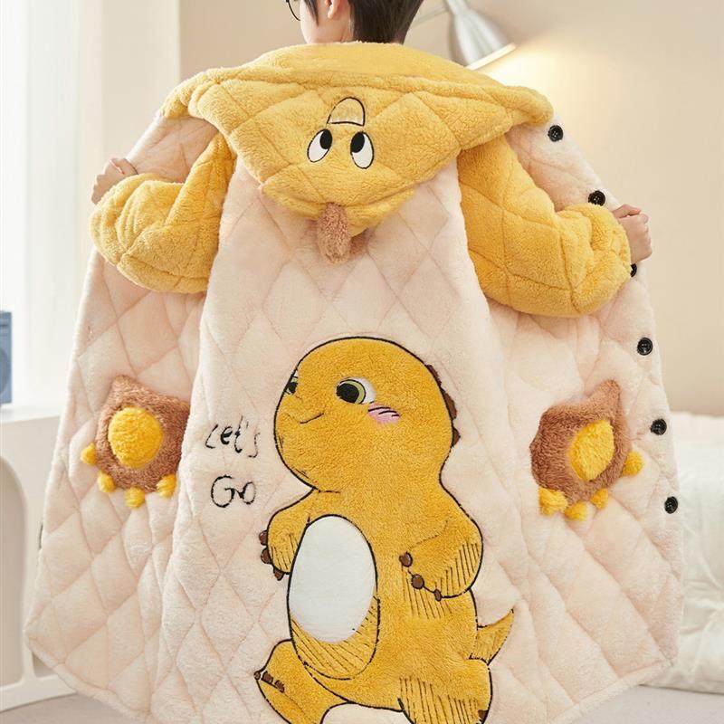 奶龙男童睡衣冬季加绒加厚款三层夹棉儿童男孩睡袍长款珊瑚绒套装