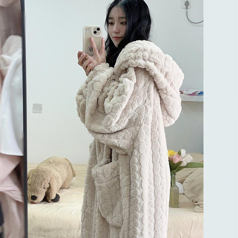大码连帽珊瑚绒睡衣女款冬季长袍2024年新款睡袍冬天加绒加厚浴袍