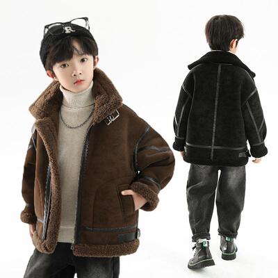 男童皮毛一体外套秋冬季男孩羊羔毛加绒加厚派克服痞帅气冬装夹克