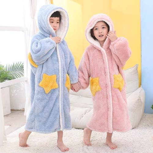 儿童睡袍秋冬季男童女童法兰绒浴袍珊瑚绒长款睡衣加厚宝宝家居服