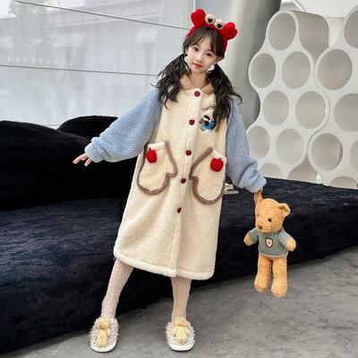 女童睡衣冬装2024新款大童秋冬加厚睡袍儿童冬季珊瑚绒家居服套装