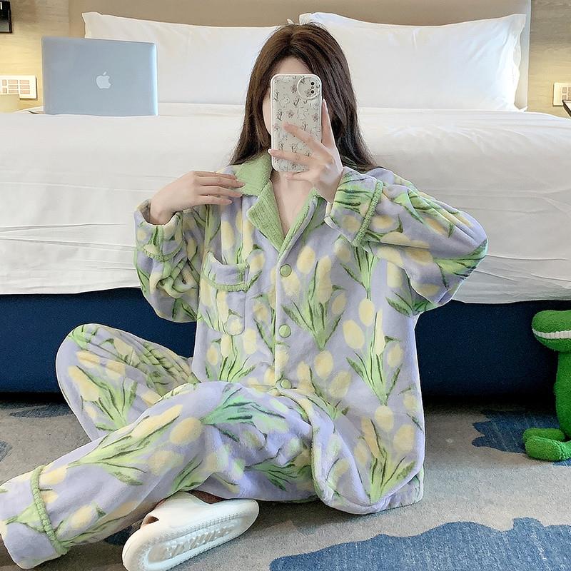 珊瑚绒睡衣女款秋冬季加厚加大码睡衣/家居服套装
