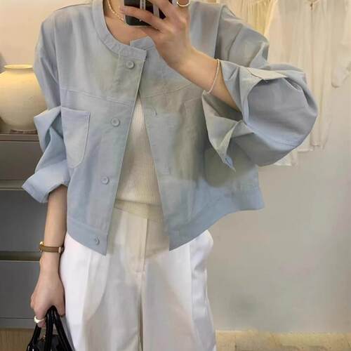 设计感蓝色长袖防晒衬衫外套女夏季薄款外搭开衫短款罩衫上衣外穿