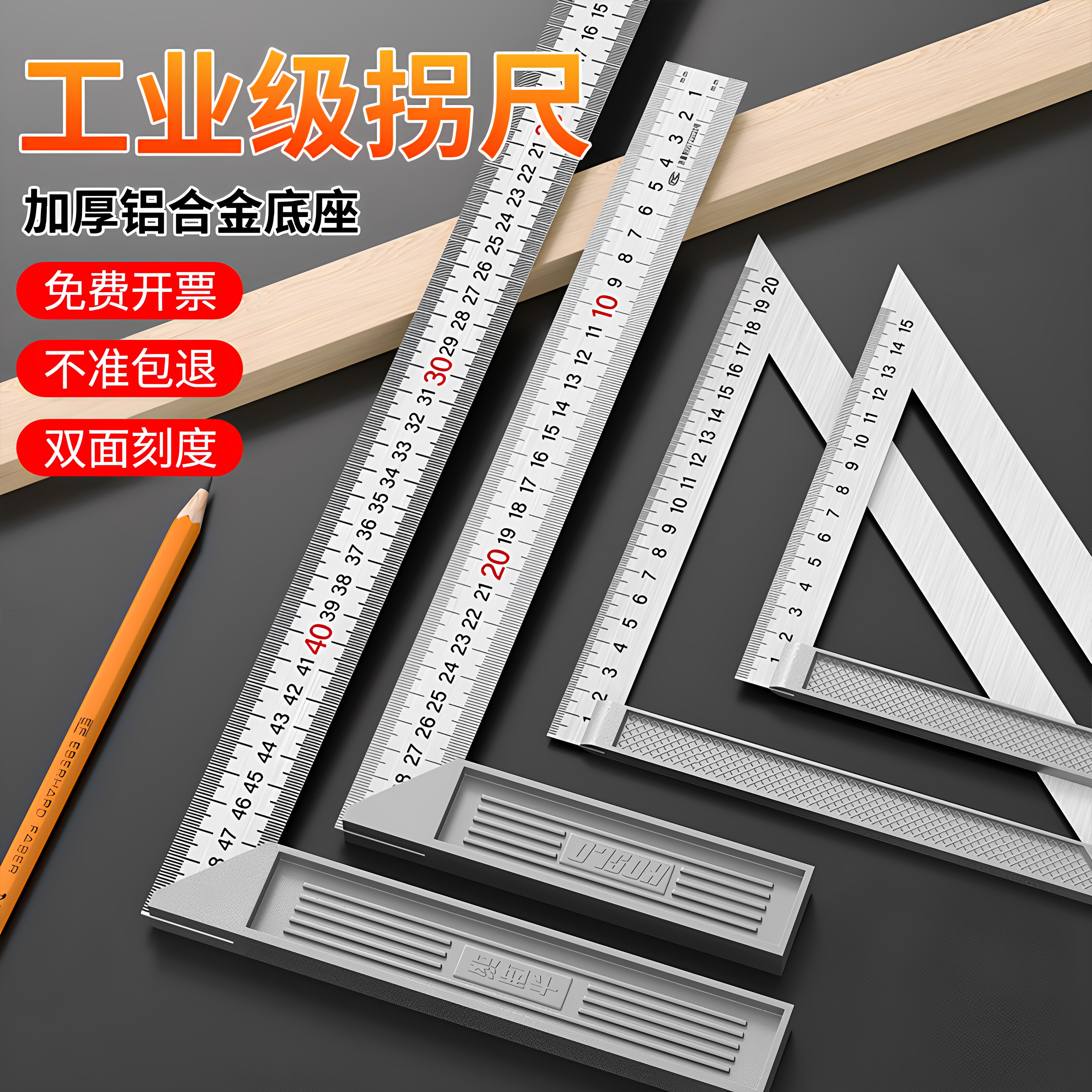 三角尺不锈钢高精度木工方尺加厚90度拐尺大号铝合金底座直角尺