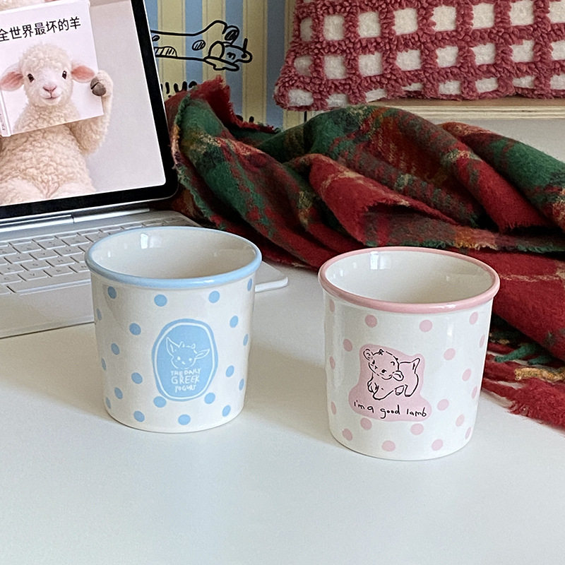 MOKOS自制波点小羊~陶瓷马克杯少女粉ins咖啡杯情侣杯带杯垫350ml