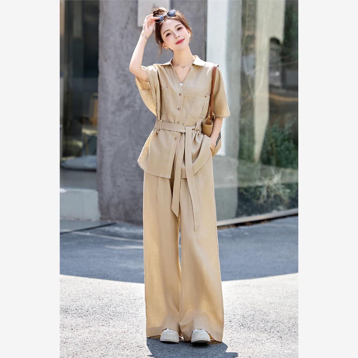 时尚套装女2025夏新款高级感老钱风休闲洋气短袖衬衫阔腿裤两件套