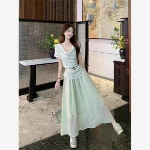 叠穿吊带连衣裙单 荡领短袖 T恤女夏季 两件套装 套装 甜美风时尚 法式