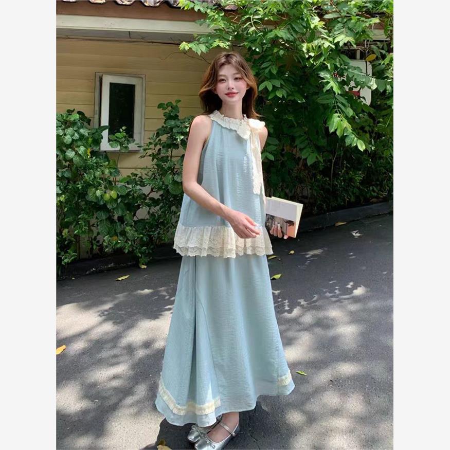 木耳边蓝色无袖上衣半身裙套装女夏2025新款小个子超火爆款两件套