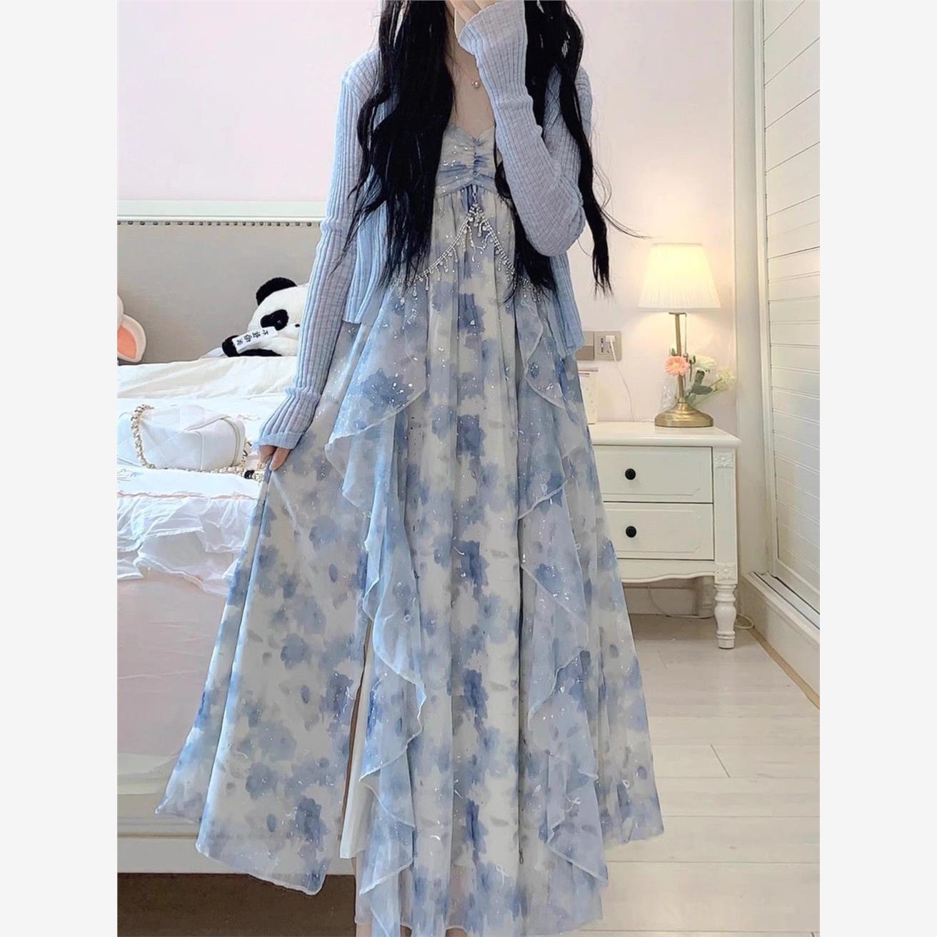 减龄风气质蓝色吊带连衣裙女夏季防晒薄款长袖开衫度假仙女长裙子