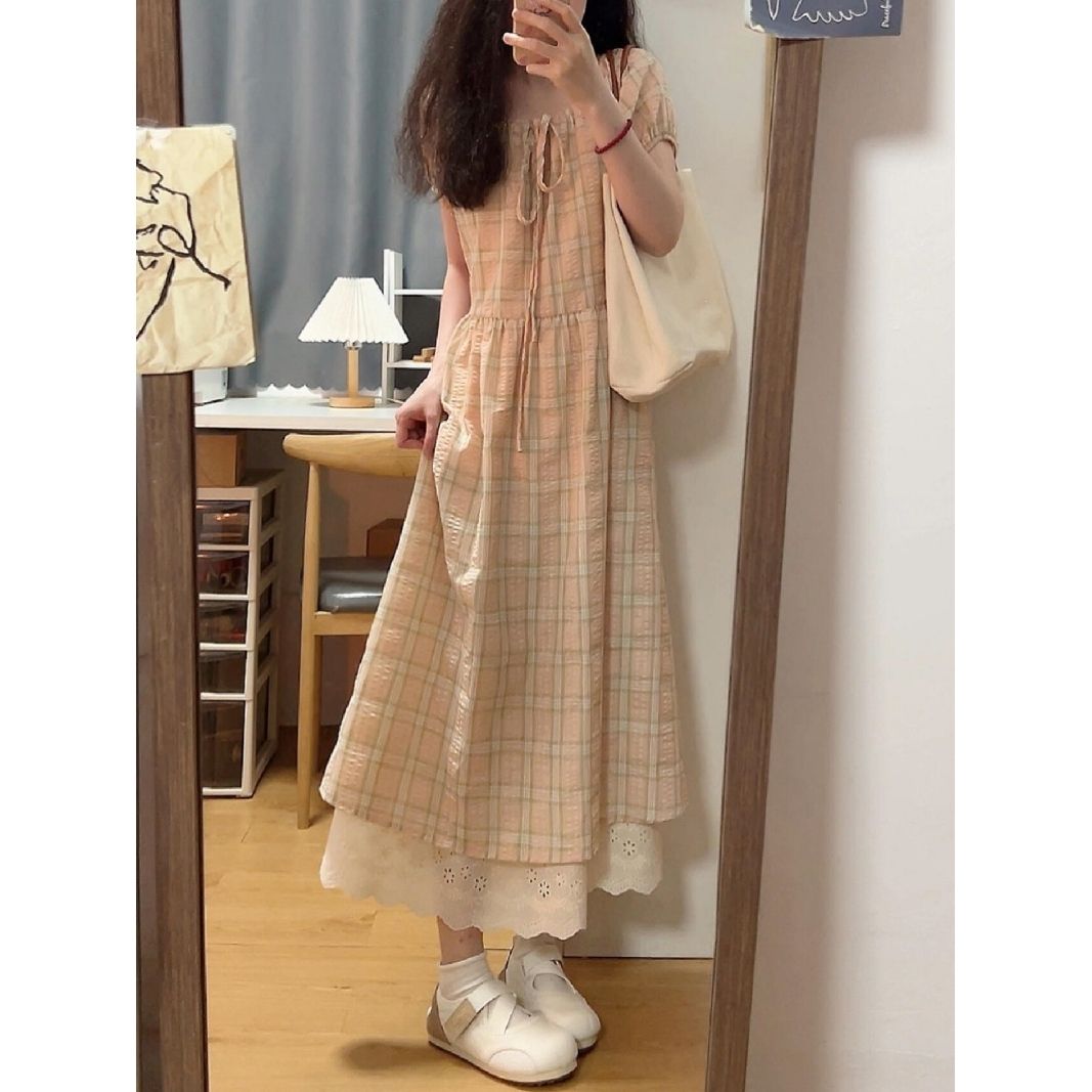 夏日奶盐气泡复古袖格子
