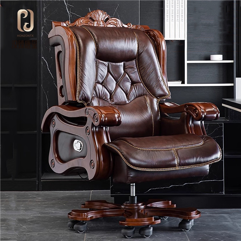 汉臻唐玺 商务牛皮老板椅办公室可躺真皮大班椅舒适久坐办公椅子