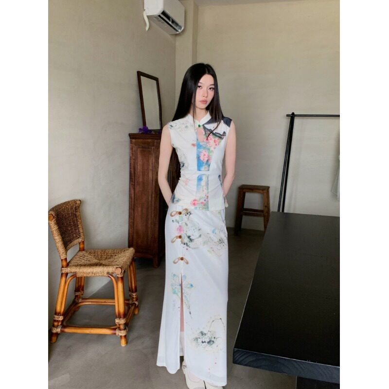 中式复古cleanfit网纱印花弹力旗袍套装连衣裙小众不撞款长裙