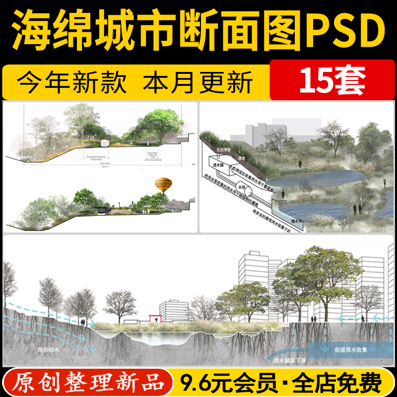 海绵城市园林景观小清新植物树木剖面立面断面分析图PSD分层素材