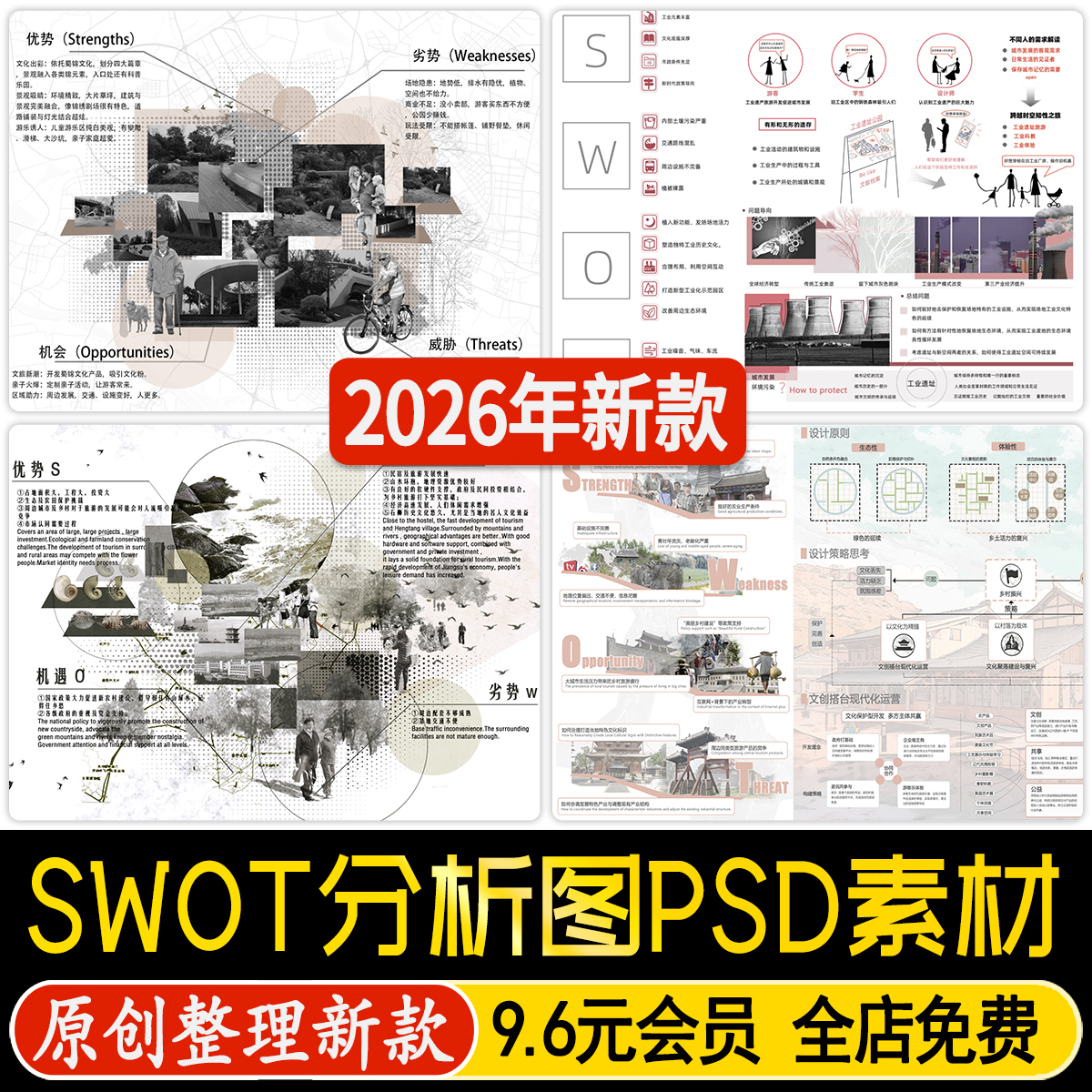 竞赛风园林景观建筑规划ps优劣势SWOT分析图PSD分层 Ai数据图表