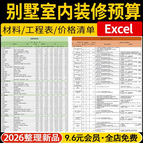 别墅装修预算室内工程施工表报价表Excel家装材料价格工程量清单