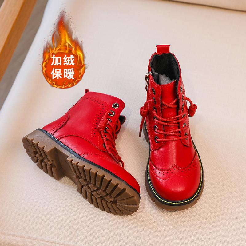 儿童马丁靴红色女2024新款冬季加绒皮面短靴本命年新年礼物小伴娘