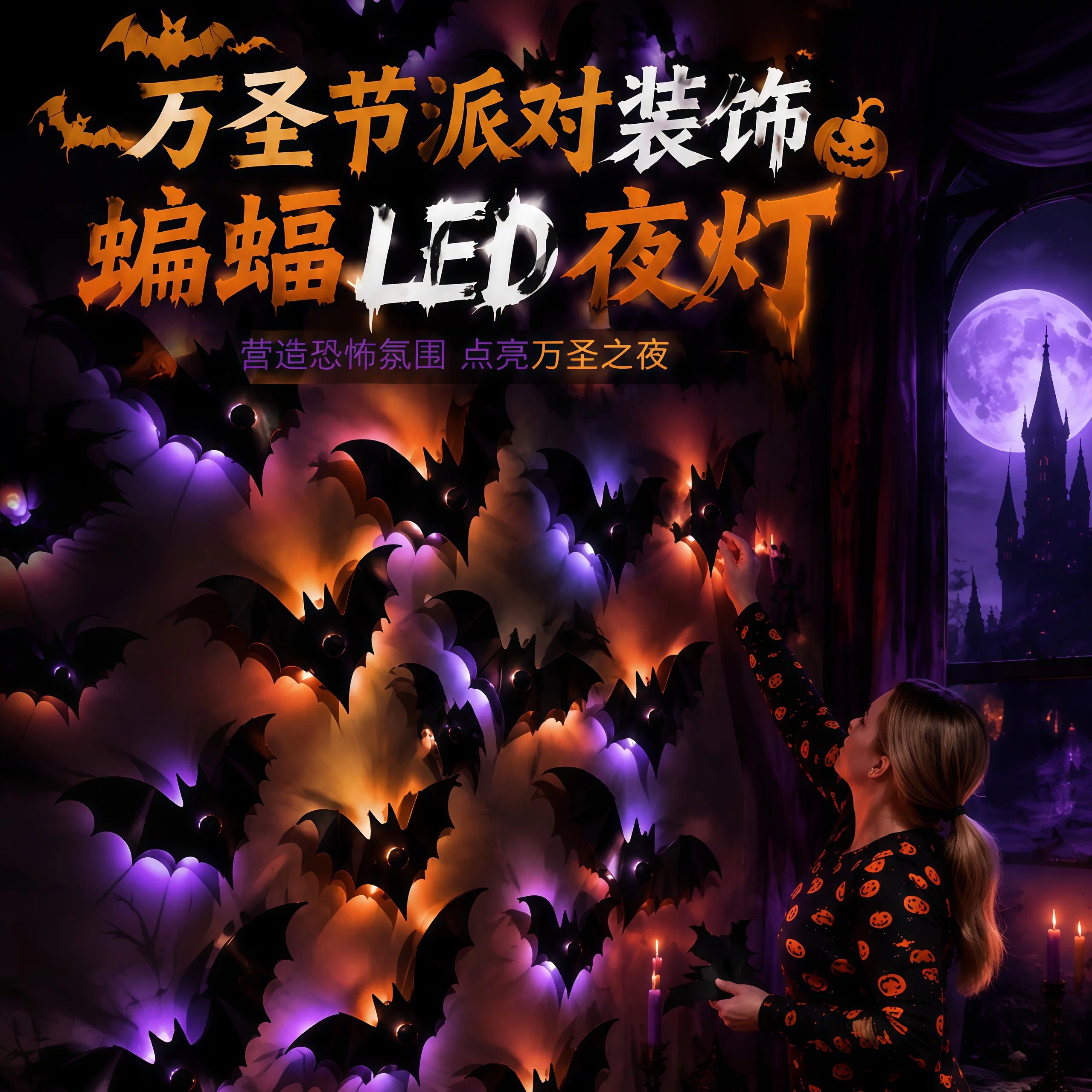 万圣节蝙蝠LED夜灯3D立体墙面装饰蜘蛛网派对氛围灯酒吧布置道具