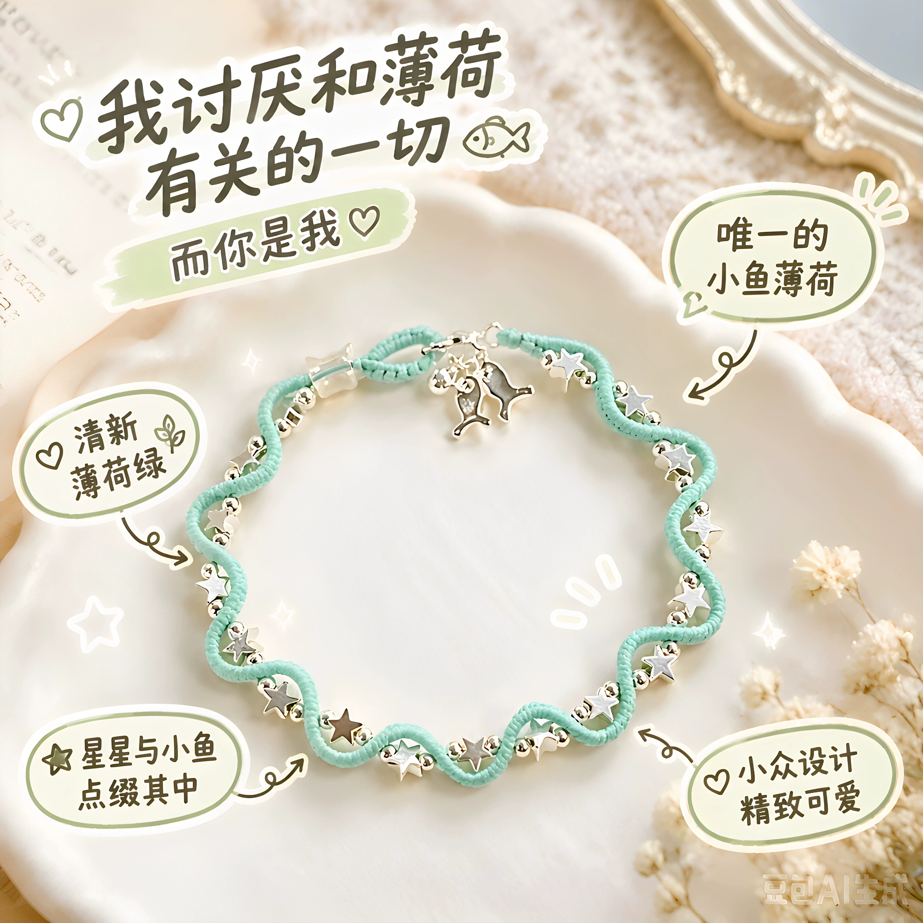 小鱼薄荷手链手工diy材料包星星编织首饰送闺蜜好朋友治愈小礼物