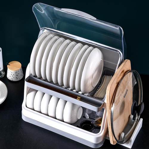 碗筷收纳盒厨房双层碗架带盖放餐具装碗碟盘沥水架置物架塑料碗柜