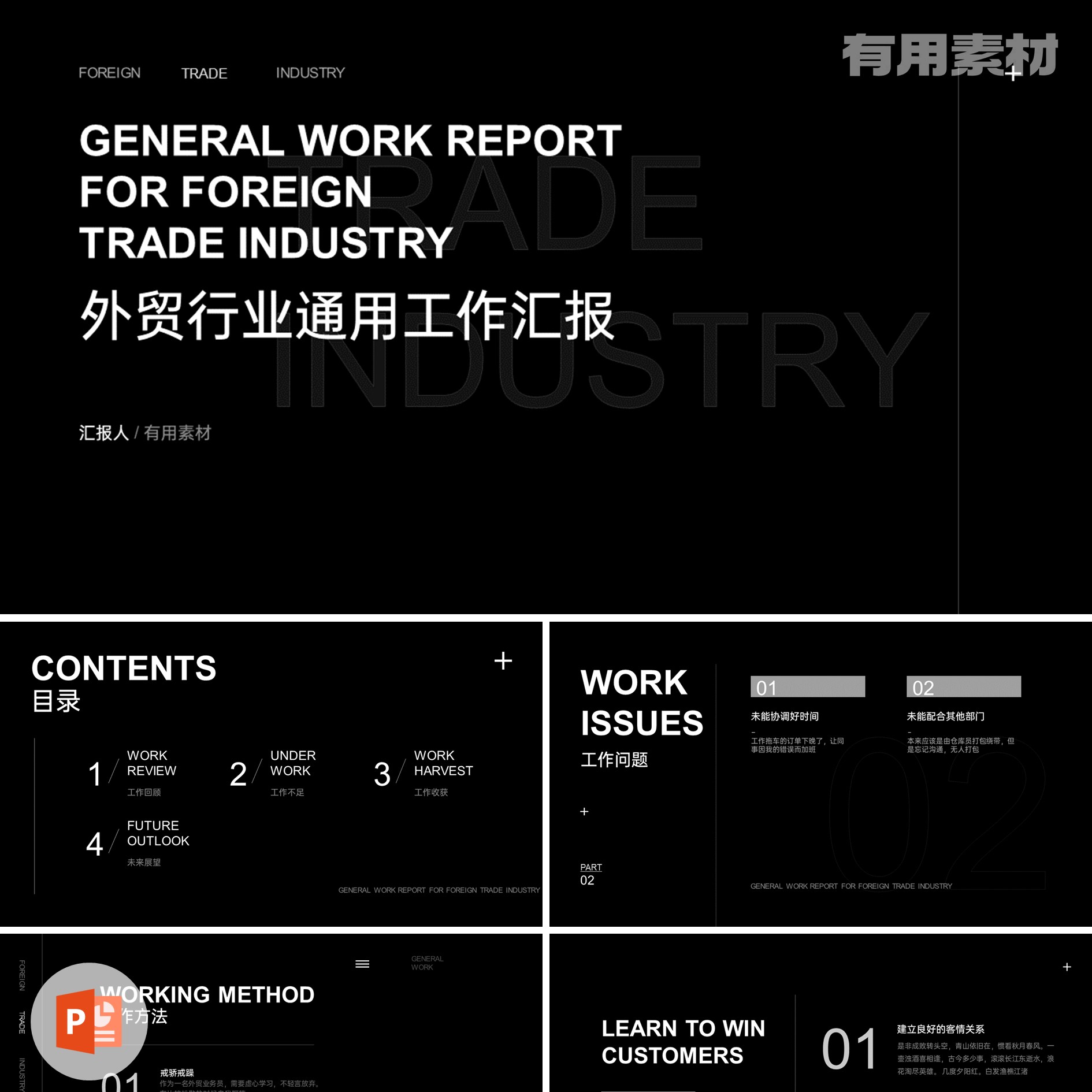 【PPT-350】17页外贸行业通用工作汇报总结黑白极简含内容PPT模板