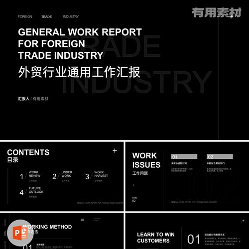 【PPT-350】17页外贸行业通用工作汇报总结黑白极简含内容PPT模板