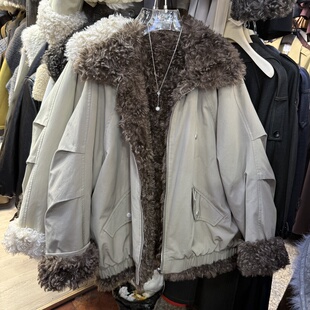 宽松翻领羊卷毛加厚皮毛一体拼接外套派克服女中长款 2025冬季 新款