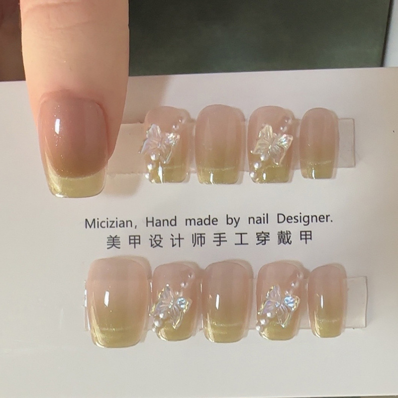 珍珠蝴蝶猫眼美甲闪亮贴片假指甲