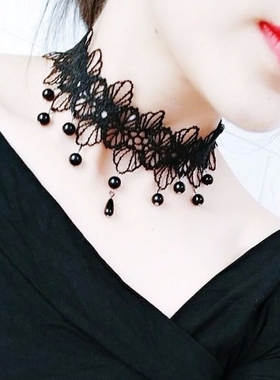 项链女锁骨韩版学生黑色蕾丝吊坠