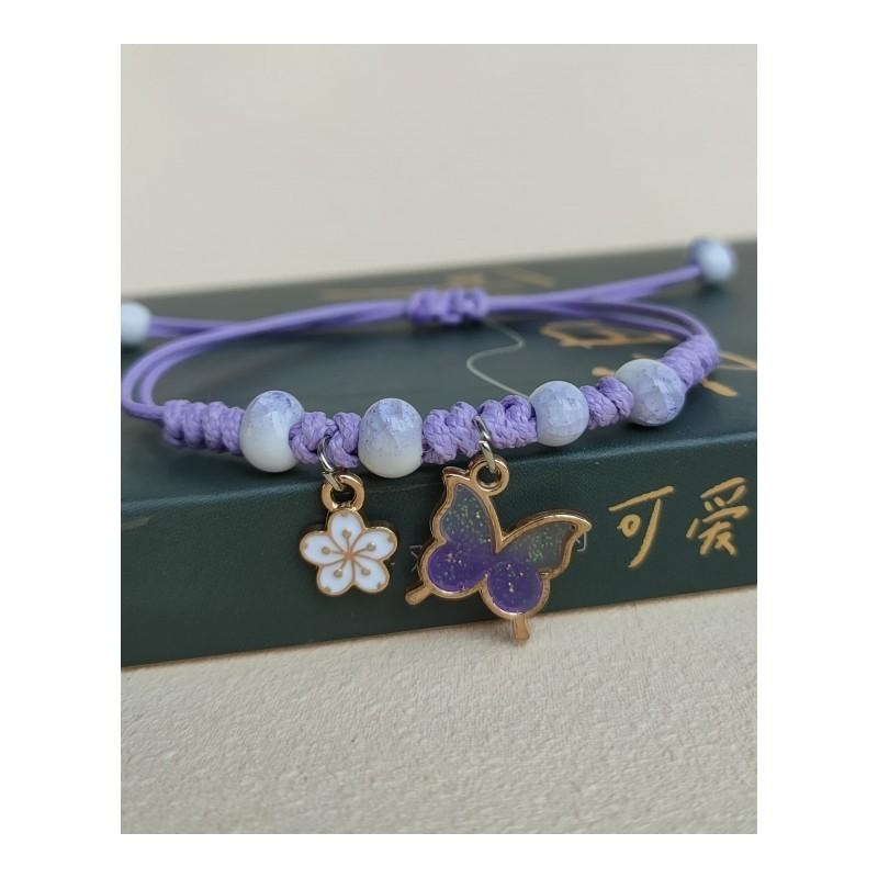 桃花水晶玻璃球蝴蝶手链小清新森女编织手绳满天星永生花手饰