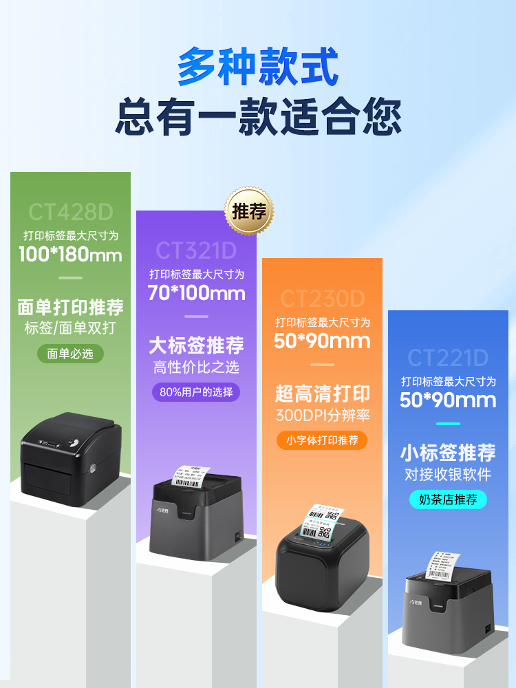 驰腾221D热敏标签打印机不干胶服装吊牌价签奶茶标贴纸超市商用食