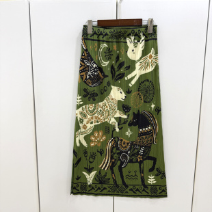 J2692欧货春松紧高腰下摆两侧开叉卡通马印花弹力压褶修身 半身裙