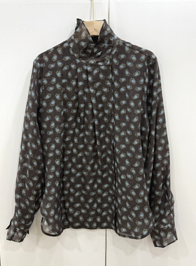 F7233欧洲站2026春新款时尚立领木耳边轻奢碎花微透减龄宽松衬衫