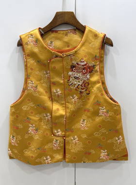 68773欧洲站2026春新款时尚圆领重工钉珠真丝提花国风马甲外套女