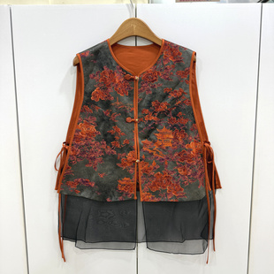 HY775欧货26春圆领盘扣复古高端提花两侧系带人丝桑蚕丝国风马甲