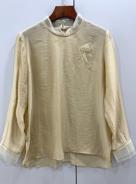 68862欧洲站26春高端时尚休闲蕾丝钩花亮片刺绣宽松人丝缎面衬衫