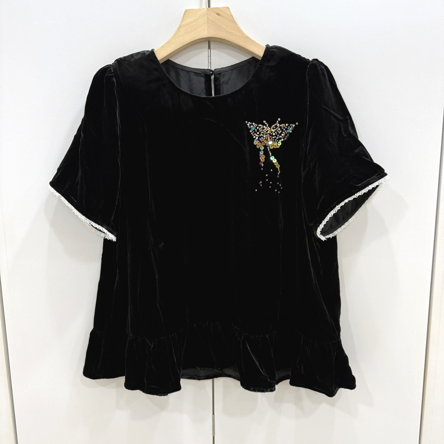 L69229 欧洲站彩色订钻刺绣蝴蝶蕾丝花边袖下荷叶边真丝丝绒小衫