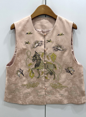 26710欧洲站26春时尚重工钉珠链条马刺绣花人丝国风洋气马甲外套