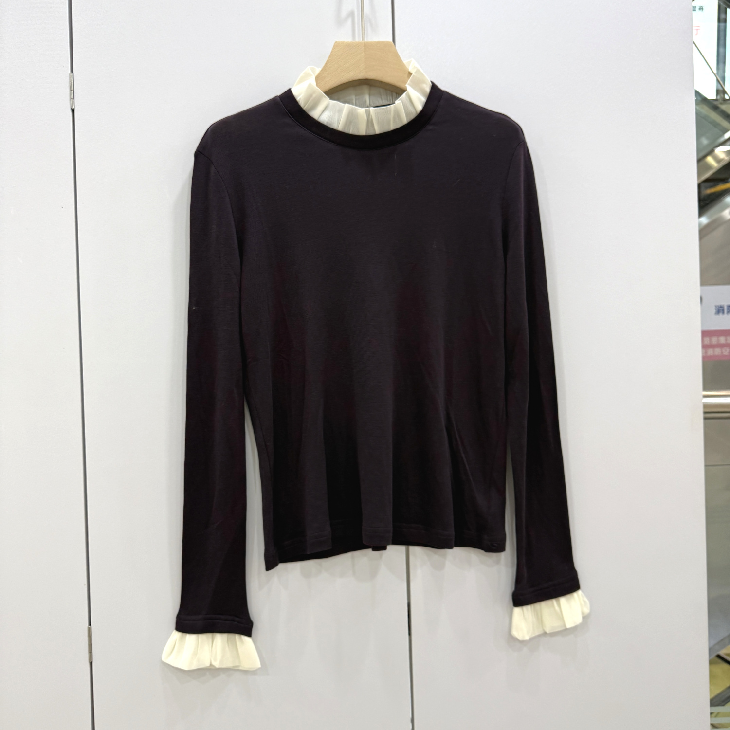 F7238欧洲站2025秋新款时尚圆领拼欧根纱木耳边羊毛长袖T恤打底衫