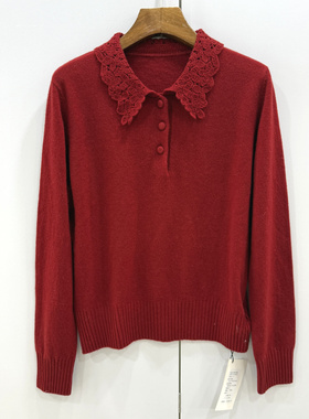 77-68130欧洲站25冬时尚镂空钩花翻领三粒扣休闲洋气羊毛羊绒毛衣